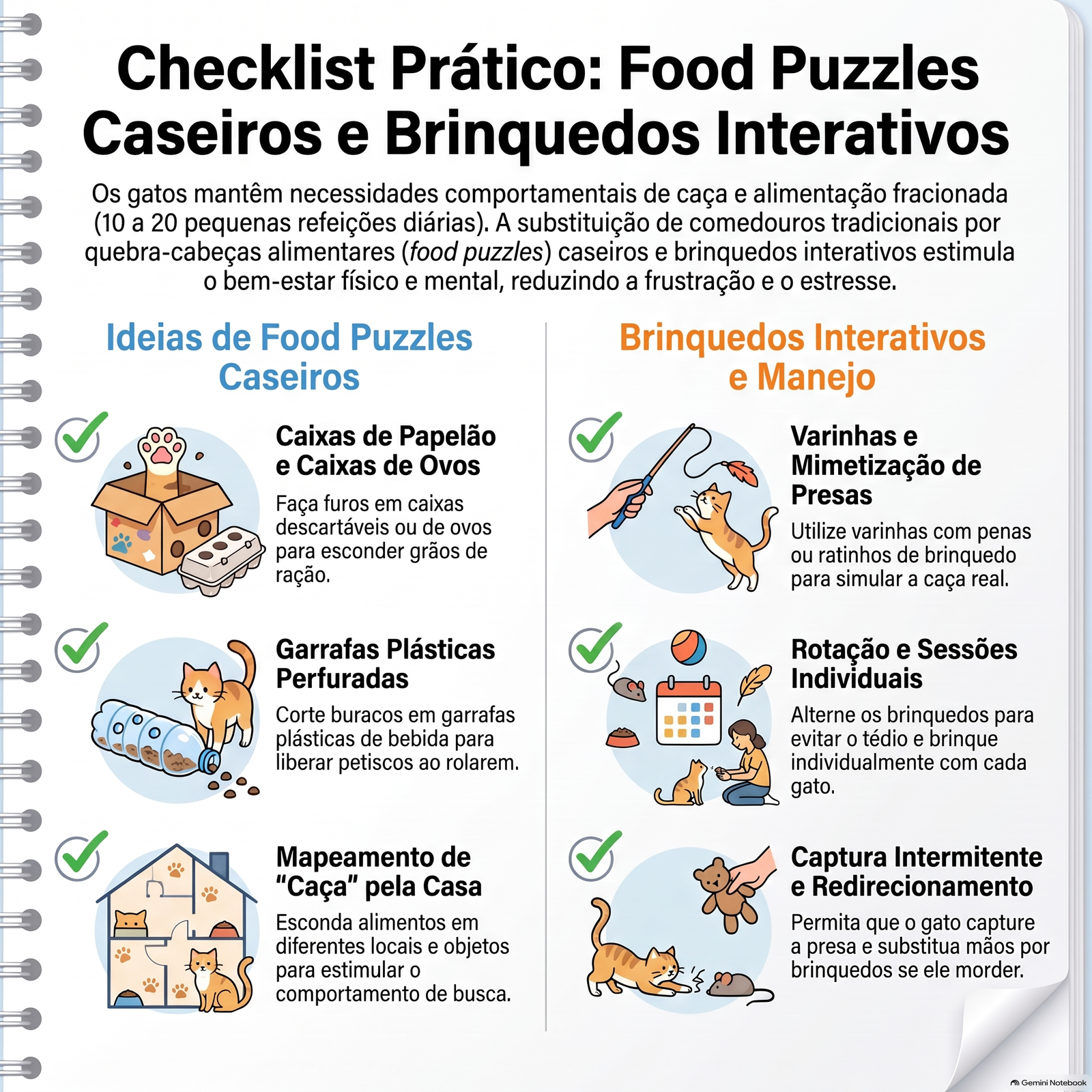 Checklist prático com ideias de food puzzles caseiros (caixas de papelão, garrafas plásticas perfuradas e mapeamento de caça pela casa) e brinquedos interativos (varinhas e mimetização de presas, rotação e sessões individuais, captura intermitente e redirecionamento) para reduzir o estresse felino.